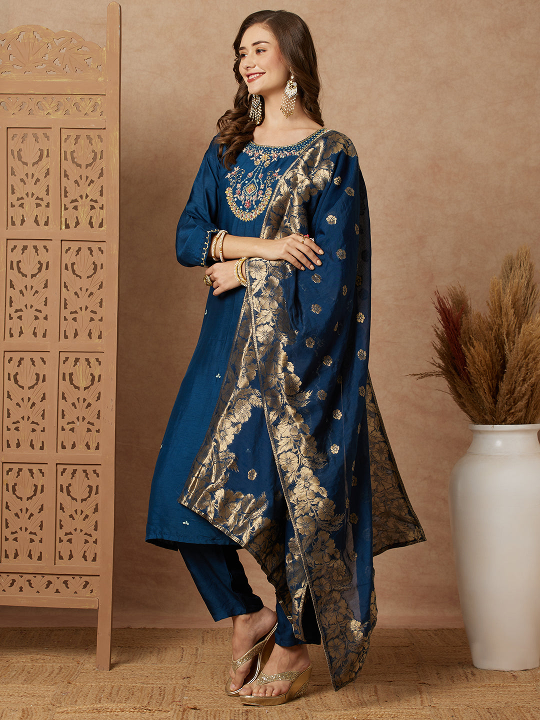 Ethnic Floral Hand Embroidered Straight Kurta with Pant & Brocade Dupatta - Teal Blue