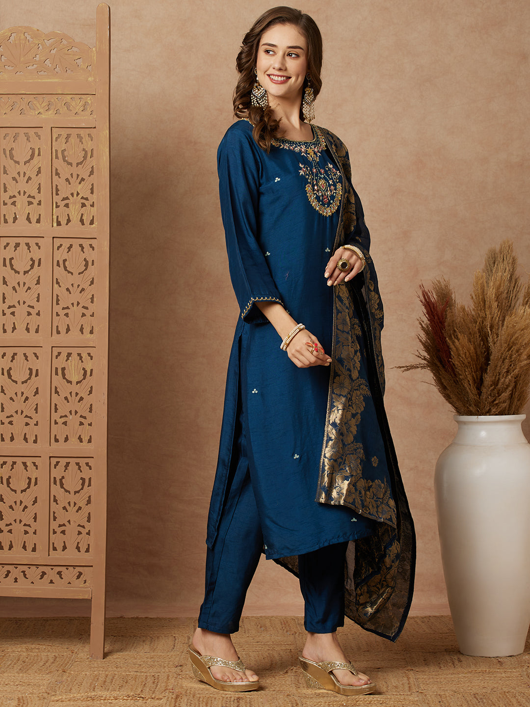 Ethnic Floral Hand Embroidered Straight Kurta with Pant & Brocade Dupatta - Teal Blue