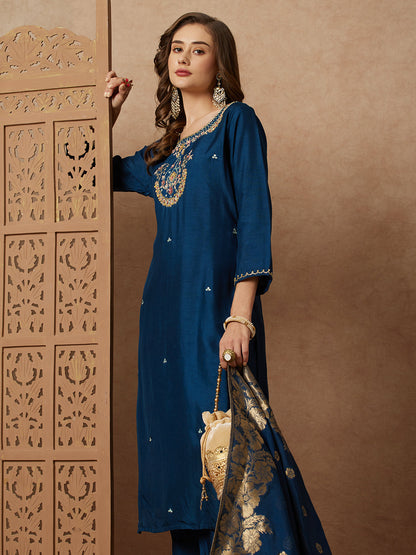 Ethnic Floral Hand Embroidered Straight Kurta with Pant & Brocade Dupatta - Teal Blue