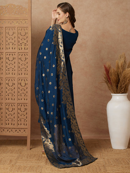 Ethnic Floral Hand Embroidered Straight Kurta with Pant & Brocade Dupatta - Teal Blue