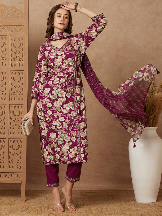 Floral Printed & Embroidered Straight Kurta with Pant & Pure Cotton Dupatta - Purple