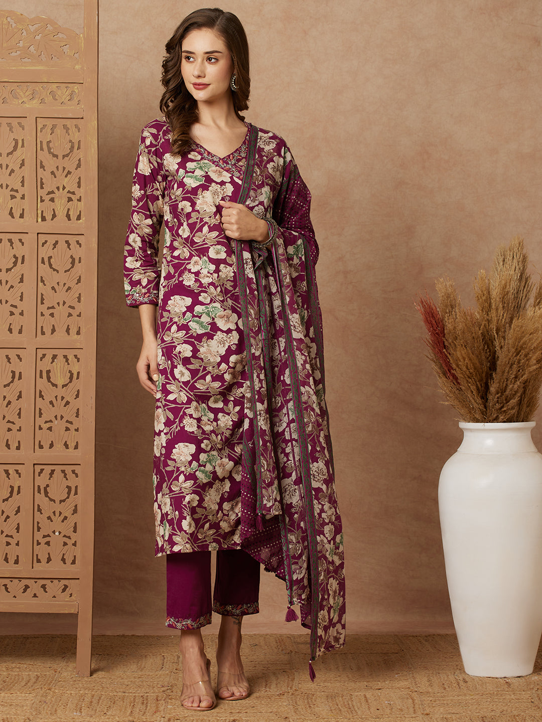 Floral Printed & Embroidered Straight Kurta with Pant & Pure Cotton Dupatta - Purple