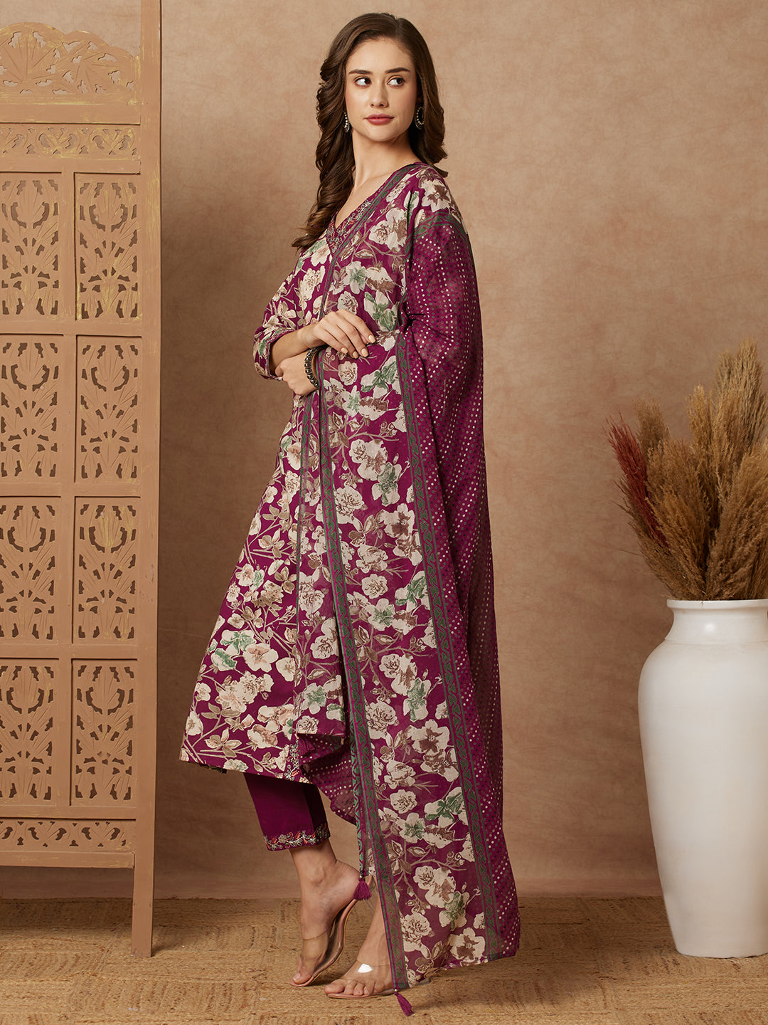 Floral Printed & Embroidered Straight Kurta with Pant & Pure Cotton Dupatta - Purple