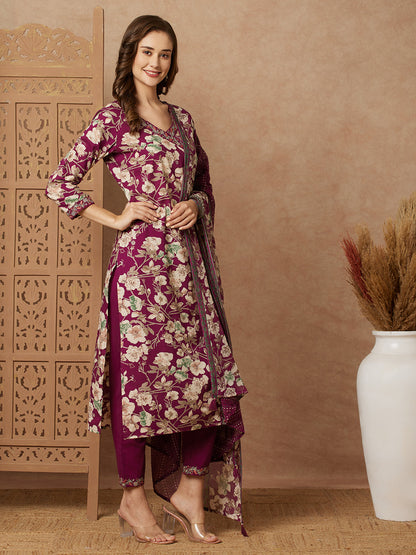 Floral Printed & Embroidered Straight Kurta with Pant & Pure Cotton Dupatta - Purple