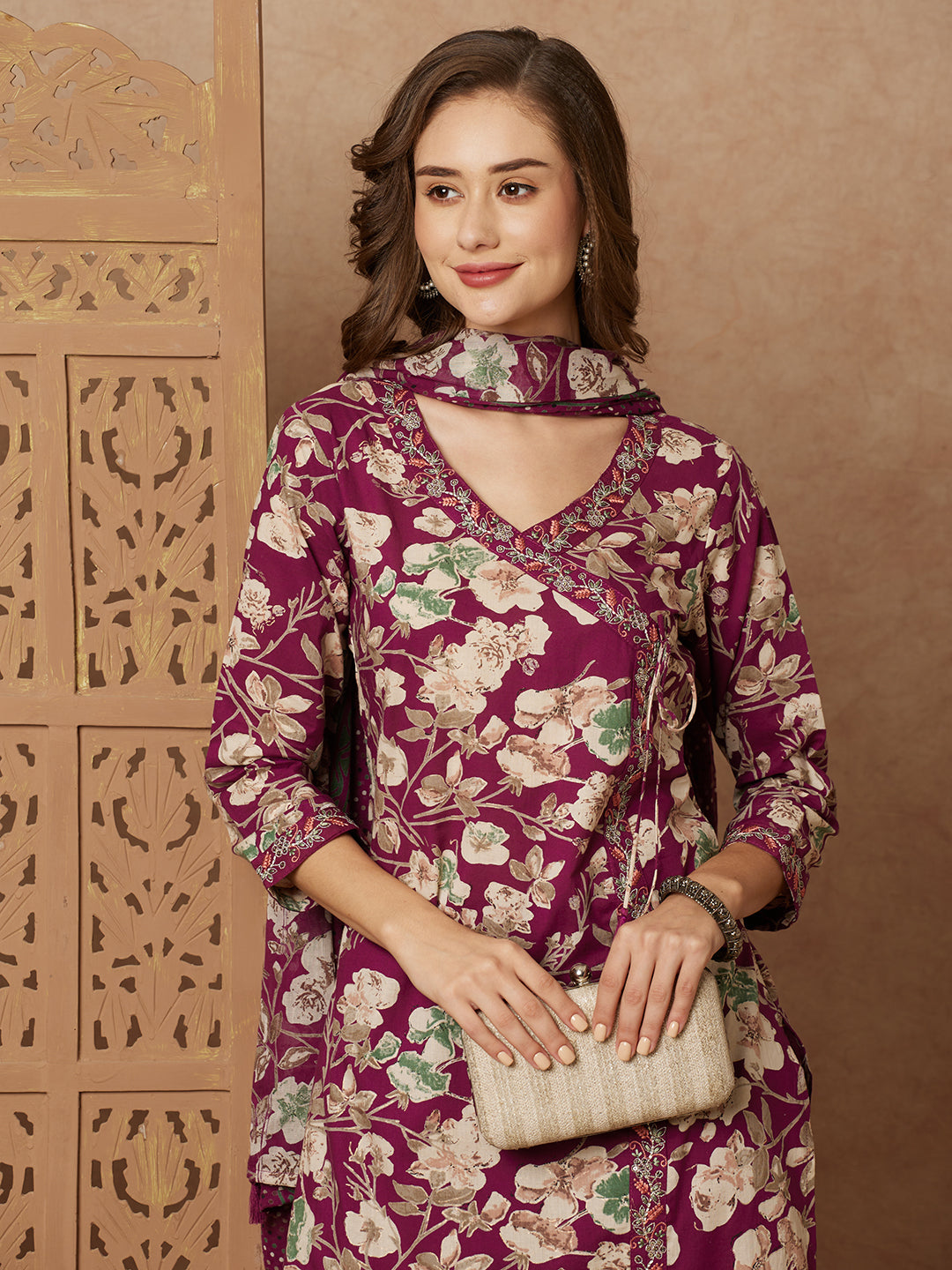 Floral Printed & Embroidered Straight Kurta with Pant & Pure Cotton Dupatta - Purple