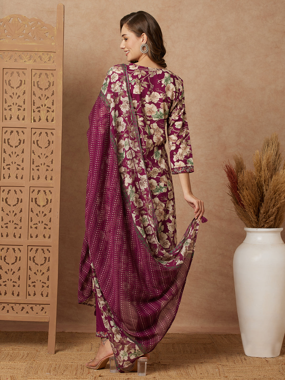 Floral Printed & Embroidered Straight Kurta with Pant & Pure Cotton Dupatta - Purple