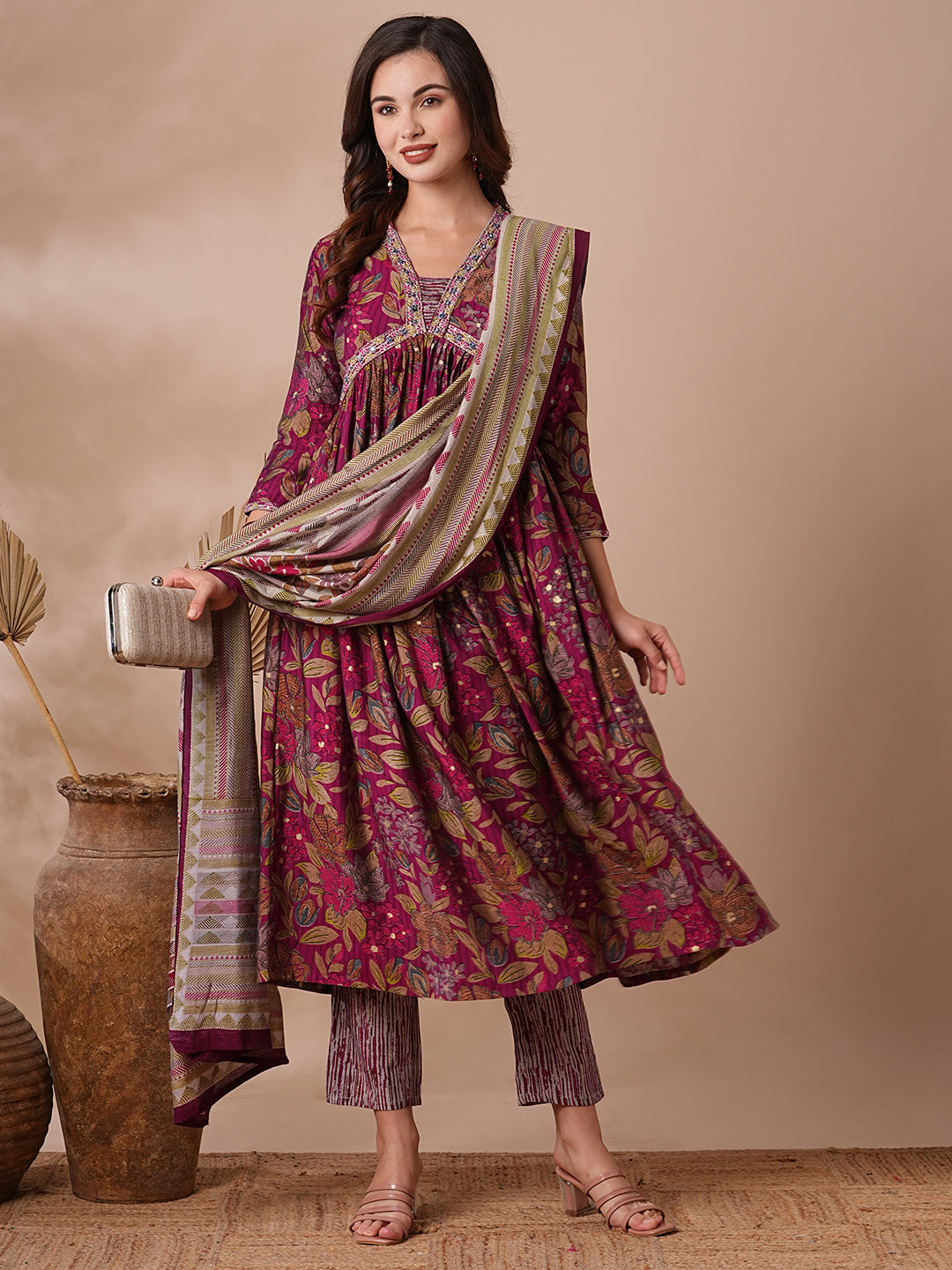 Floral Printed & Embroidered A-Line Pleated Kurta with Pant & Dupatta - Magenta