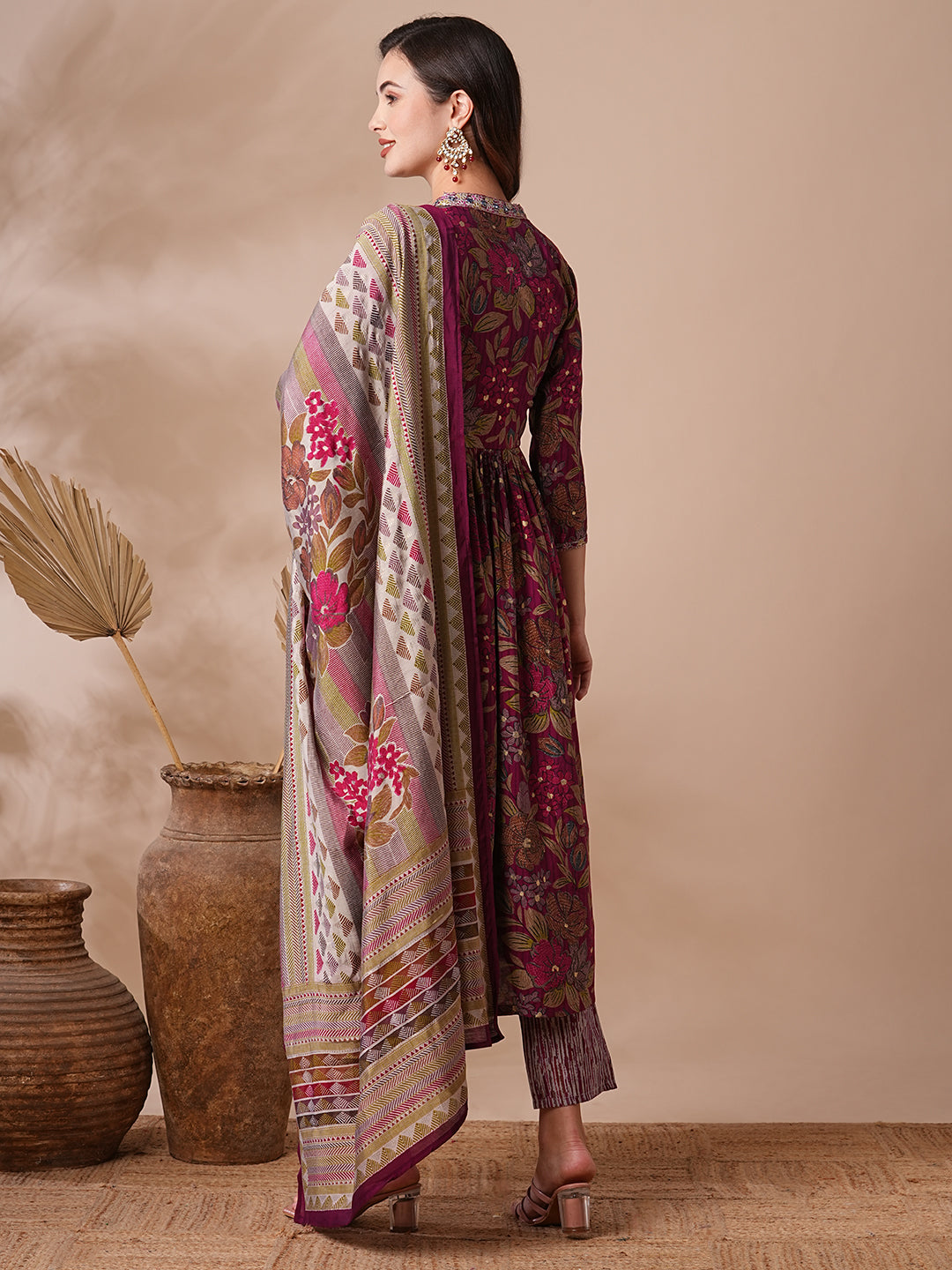 Floral Printed & Embroidered A-Line Pleated Kurta with Pant & Dupatta - Magenta