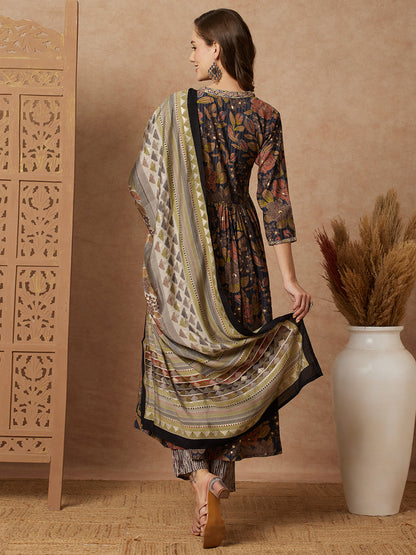 Floral Printed & Embroidered A-Line Pleated Kurta with Pant & Dupatta - Grey