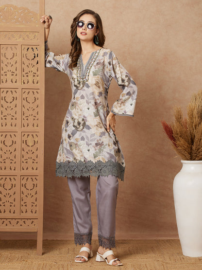 Abstract Floral Printed & Mirror Embroidered A-Line Kurta with Pant - Grey