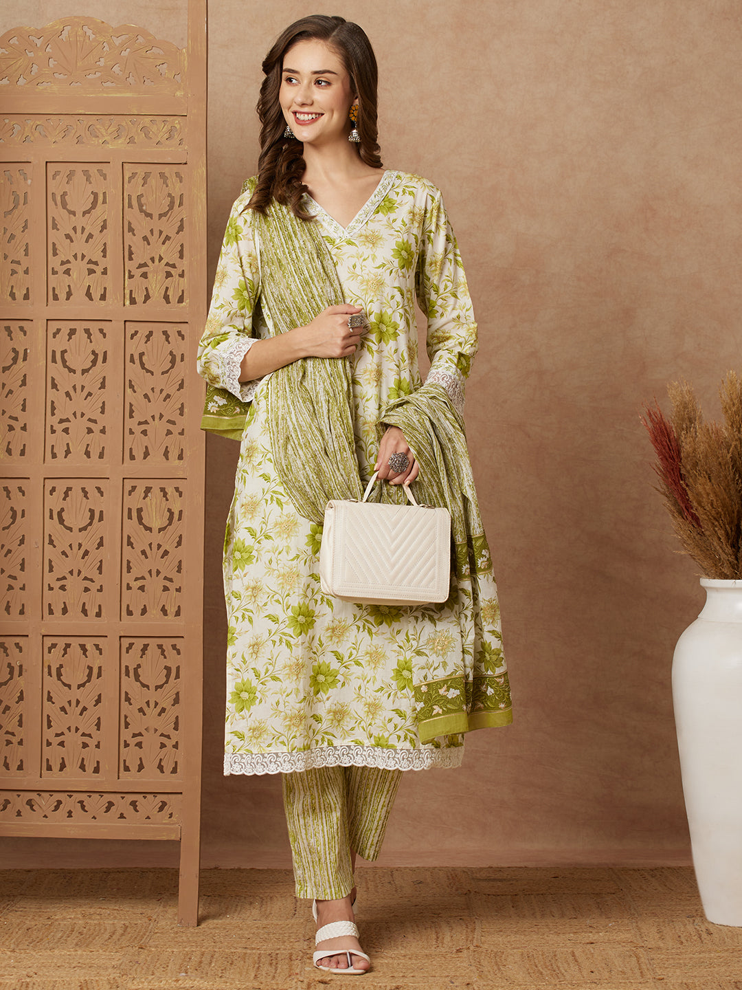 Floral Foil Printed & Embroidered Straight Kurta with Pant & Dupatta - Light Green