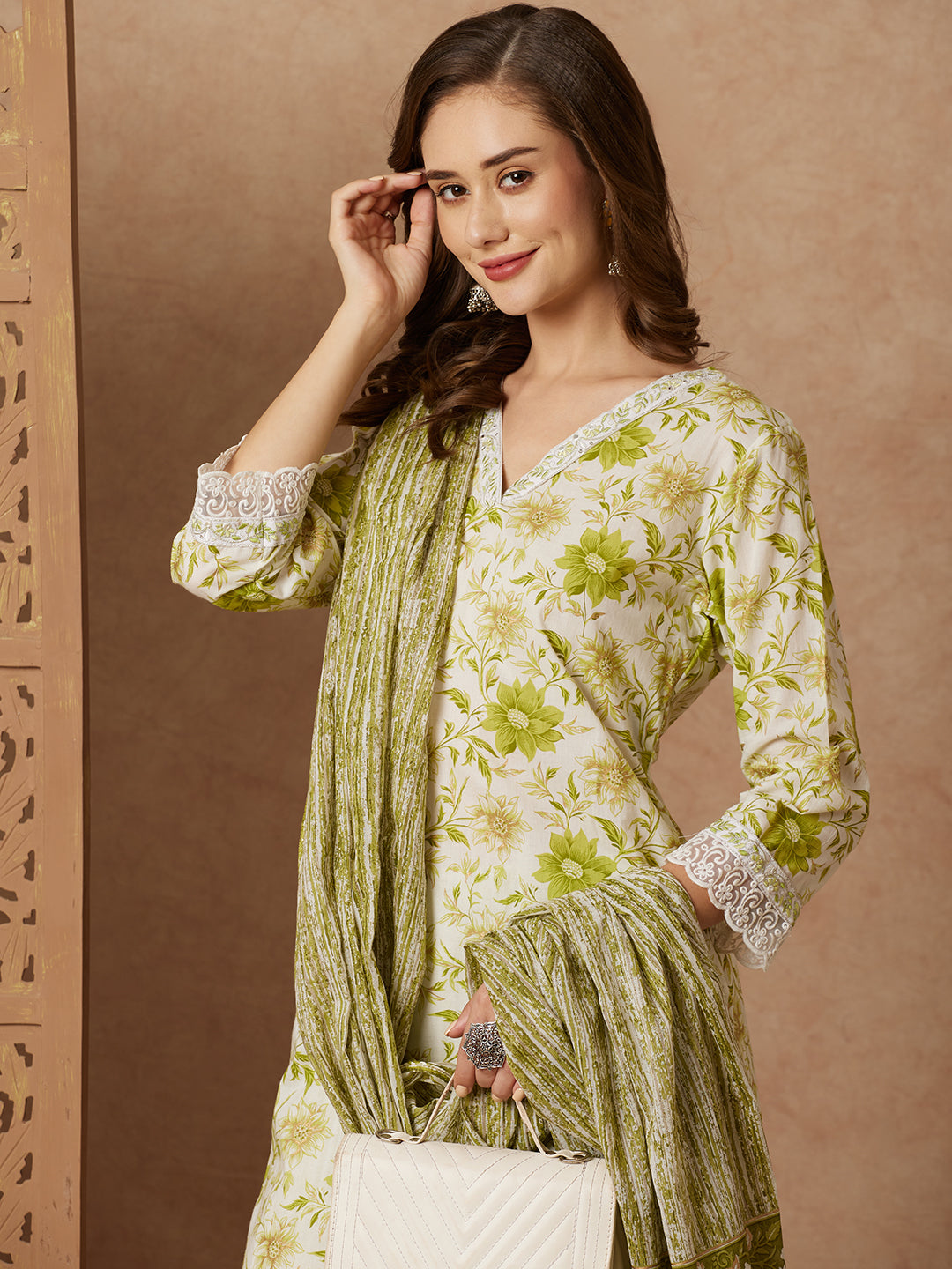 Floral Foil Printed & Embroidered Straight Kurta with Pant & Dupatta - Light Green