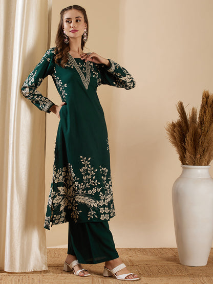 Floral Printed & Hand Embroidered A-Line Kurta with Flared Palazzo - Green