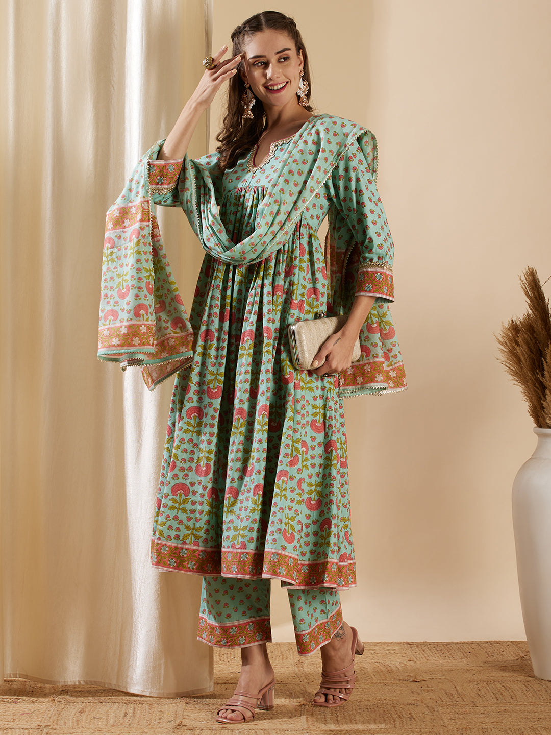 Floral Printed & Embroidered Anarkali Kurta with Palazzo & Dupatta - Mint Green