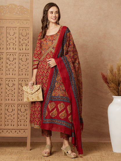 Floral Ethnic Printed & Embroidered Anarkali Kurta with Pant & Dupatta - Maroon