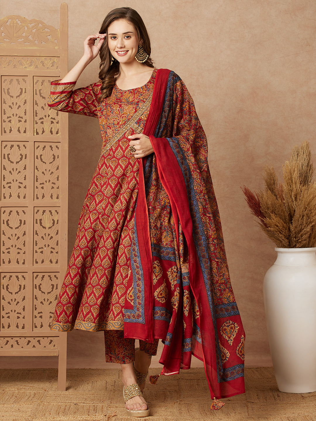 Floral Ethnic Printed & Embroidered Anarkali Kurta with Pant & Dupatta - Maroon