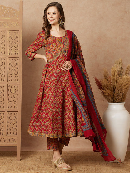 Floral Ethnic Printed & Embroidered Anarkali Kurta with Pant & Dupatta - Maroon