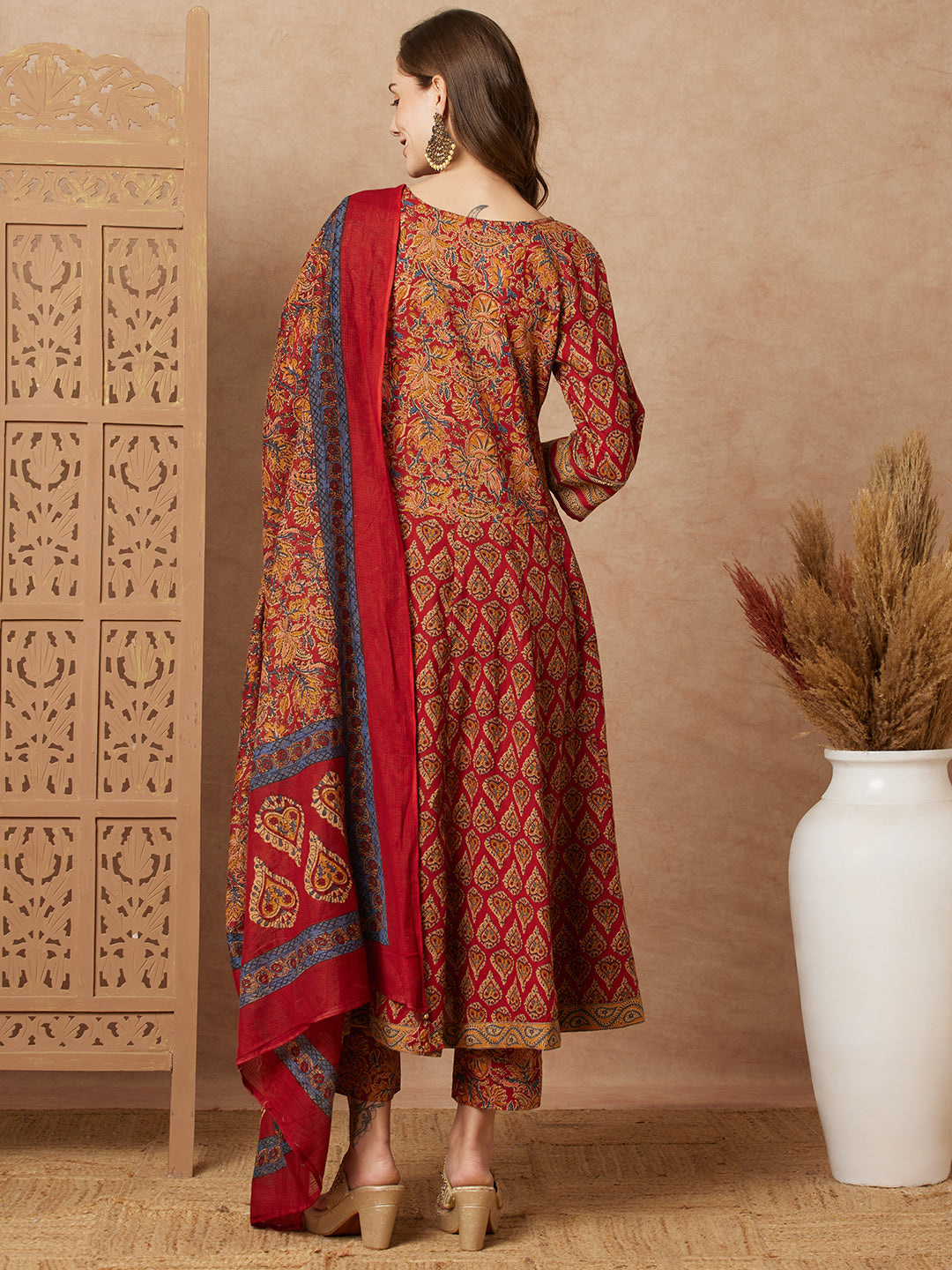 Floral Ethnic Printed & Embroidered Anarkali Kurta with Pant & Dupatta - Maroon