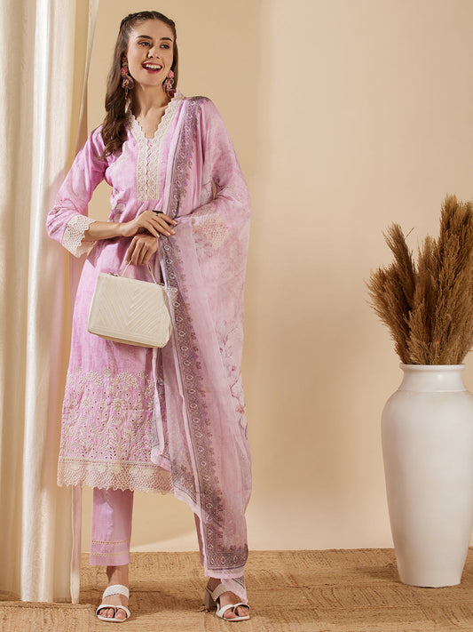 Floral Printed & Schiffli Embroidered Straight Kurta with Pant & Dupatta - Pink