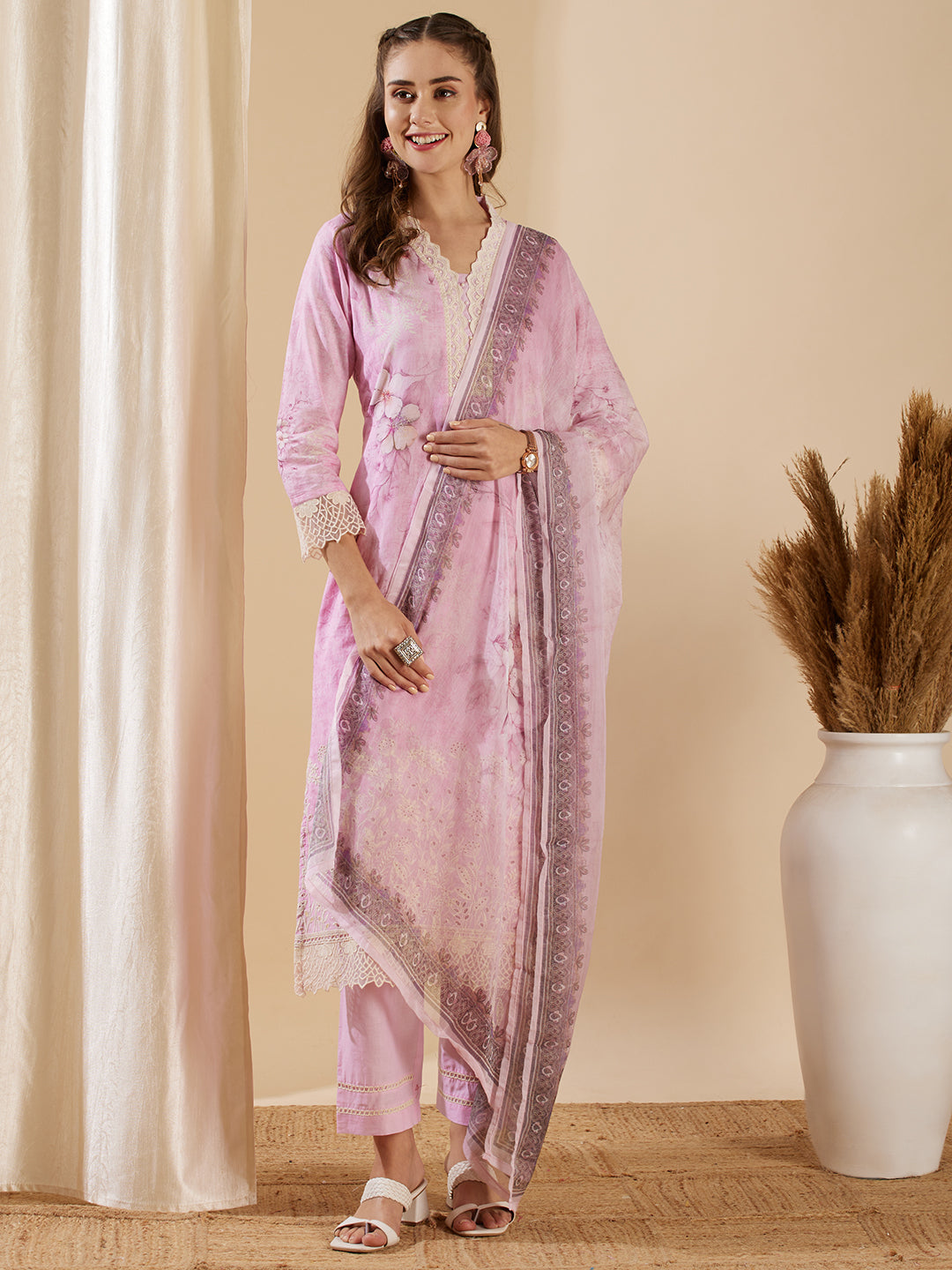 Floral Printed & Schiffli Embroidered Straight Kurta with Pant & Dupatta - Pink