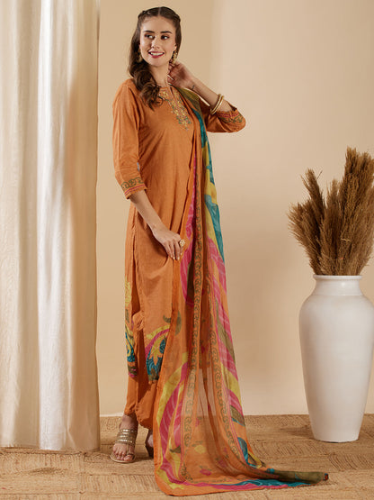 Floral Printed & Embroidered Straight Fit Kurta with Pant and Dupatta - Camel Brown