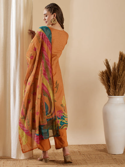 Floral Printed & Embroidered Straight Fit Kurta with Pant and Dupatta - Camel Brown