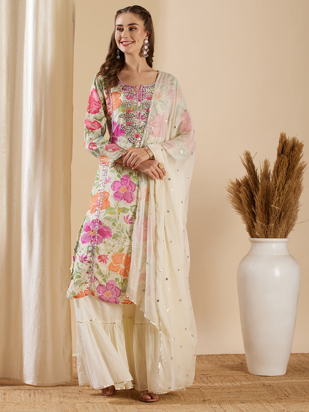 Abstract Floral Printed & Mirror Embroidered Kurta with Sharara & Dupatta - Pastel Green