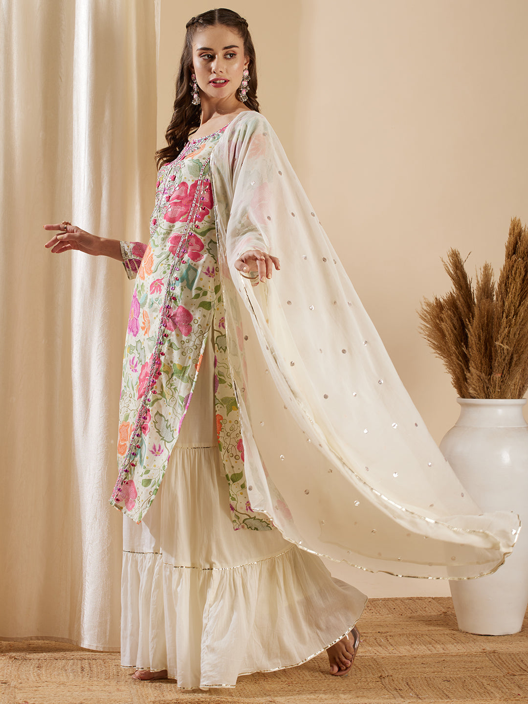 Abstract Floral Printed & Mirror Embroidered Kurta with Sharara & Dupatta - Pastel Green