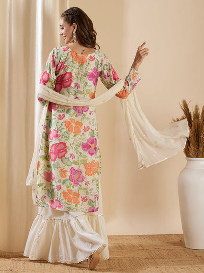 Abstract Floral Printed & Mirror Embroidered Kurta with Sharara & Dupatta - Pastel Green