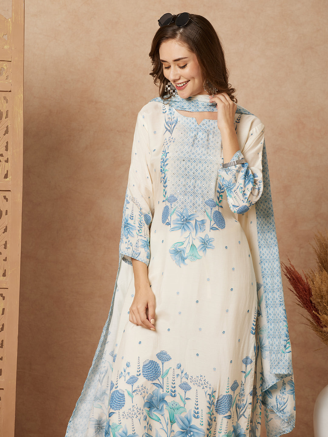 Botanical Floral Printed & Sequined Straight Kurta with Pant & Dupatta - Off White