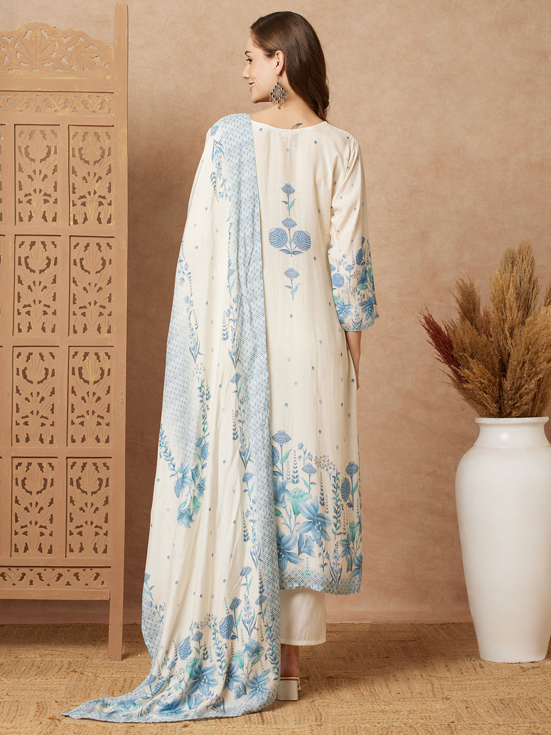 Botanical Floral Printed & Sequined Straight Kurta with Pant & Dupatta - Off White