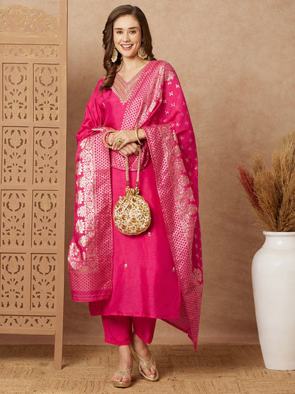 Floral Hand Embroidered Straight & Kurta with Pant & Brocade Dupatta - Pink