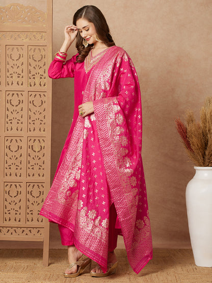 Floral Hand Embroidered Straight & Kurta with Pant & Brocade Dupatta - Pink