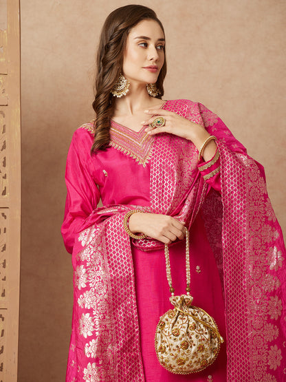 Floral Hand Embroidered Straight & Kurta with Pant & Brocade Dupatta - Pink