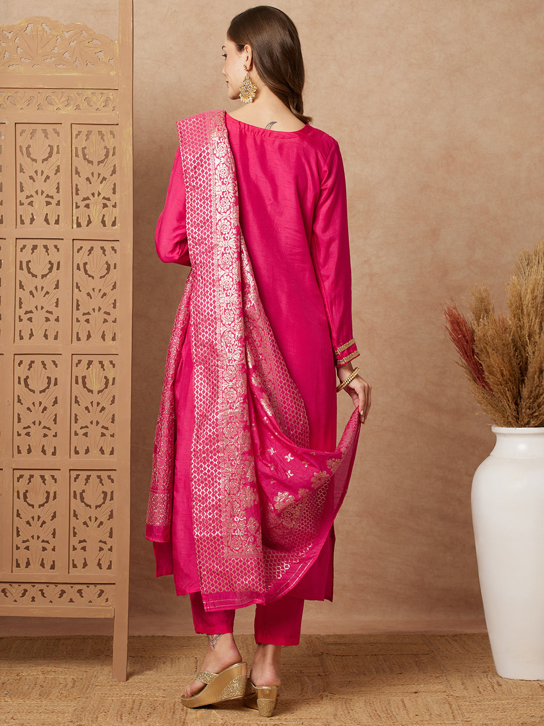 Floral Hand Embroidered Straight & Kurta with Pant & Brocade Dupatta - Pink