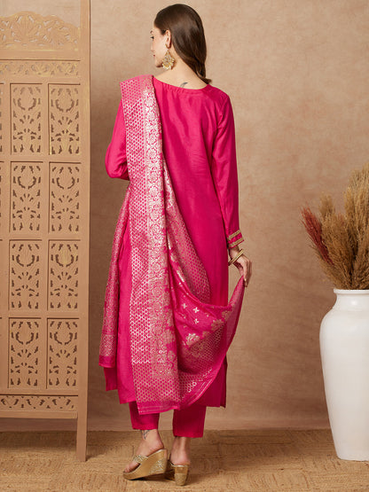 Floral Hand Embroidered Straight & Kurta with Pant & Brocade Dupatta - Pink