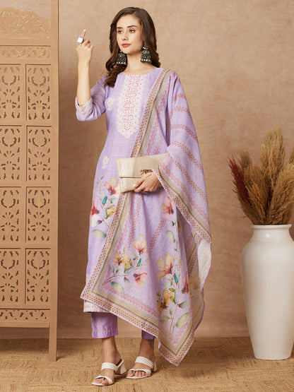 Floral Printed & Embroidered Straight Fit Kurta with Pant and Printed Dupatta - Purple