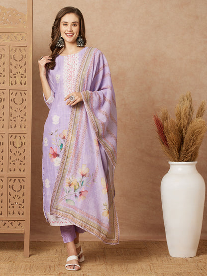 Floral Printed & Embroidered Straight Fit Kurta with Pant and Printed Dupatta - Purple