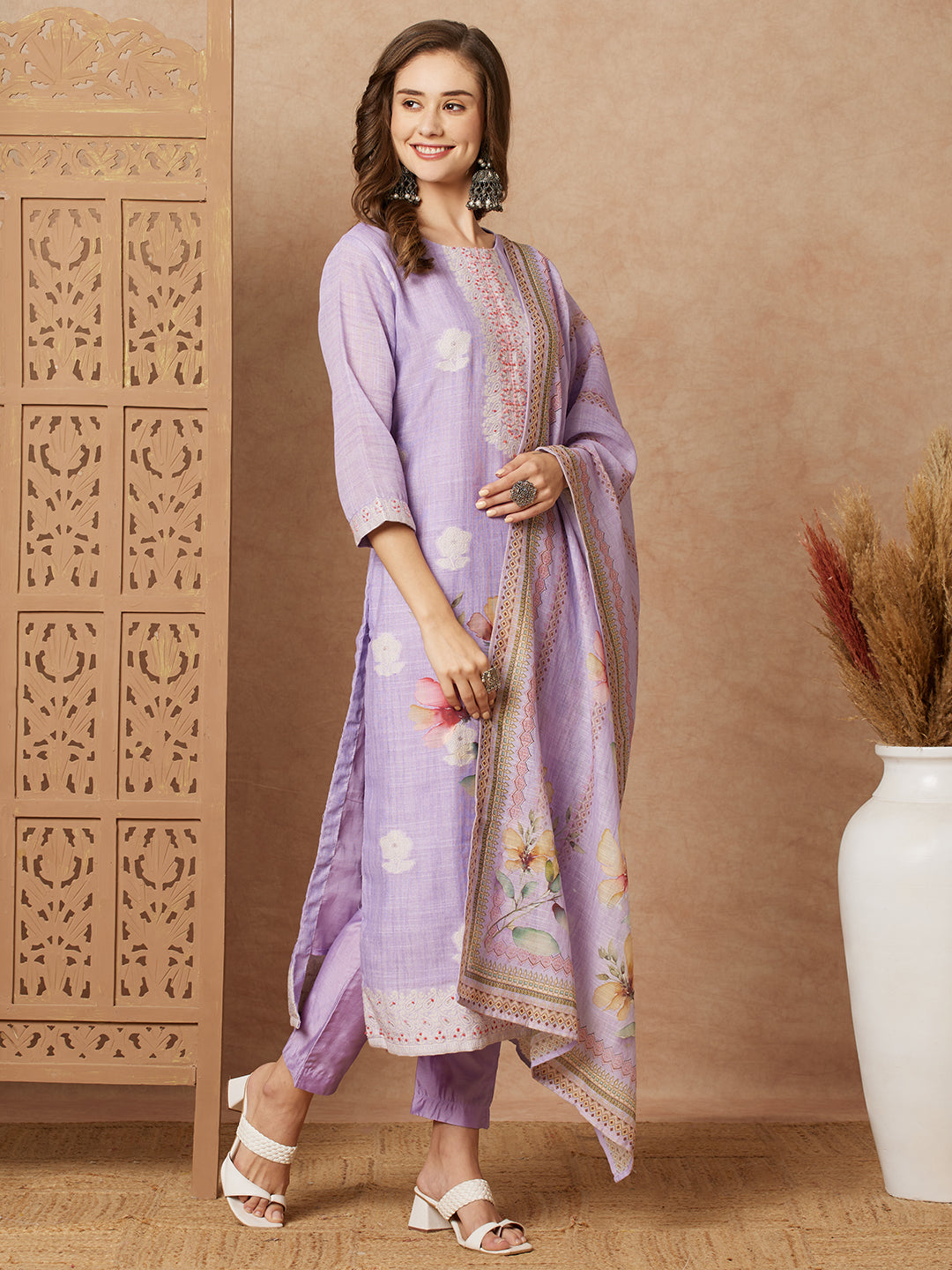 Floral Printed & Embroidered Straight Fit Kurta with Pant and Printed Dupatta - Purple