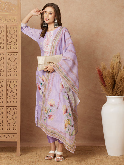 Floral Printed & Embroidered Straight Fit Kurta with Pant and Printed Dupatta - Purple