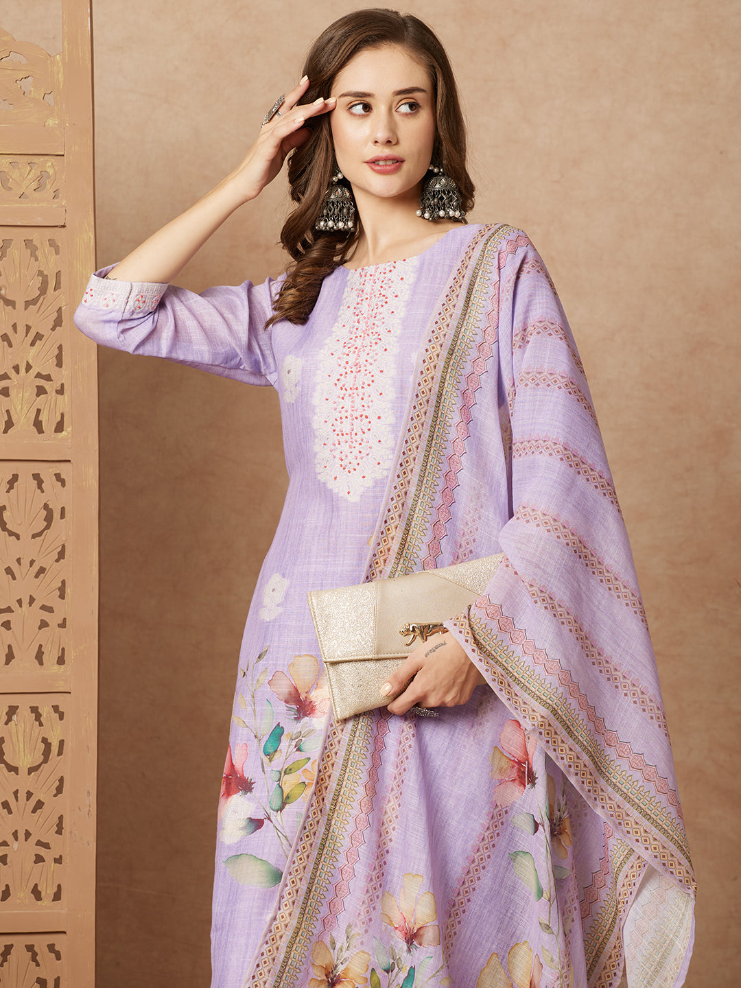 Floral Printed & Embroidered Straight Fit Kurta with Pant and Printed Dupatta - Purple