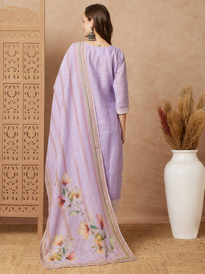 Floral Printed & Embroidered Straight Fit Kurta with Pant and Printed Dupatta - Purple