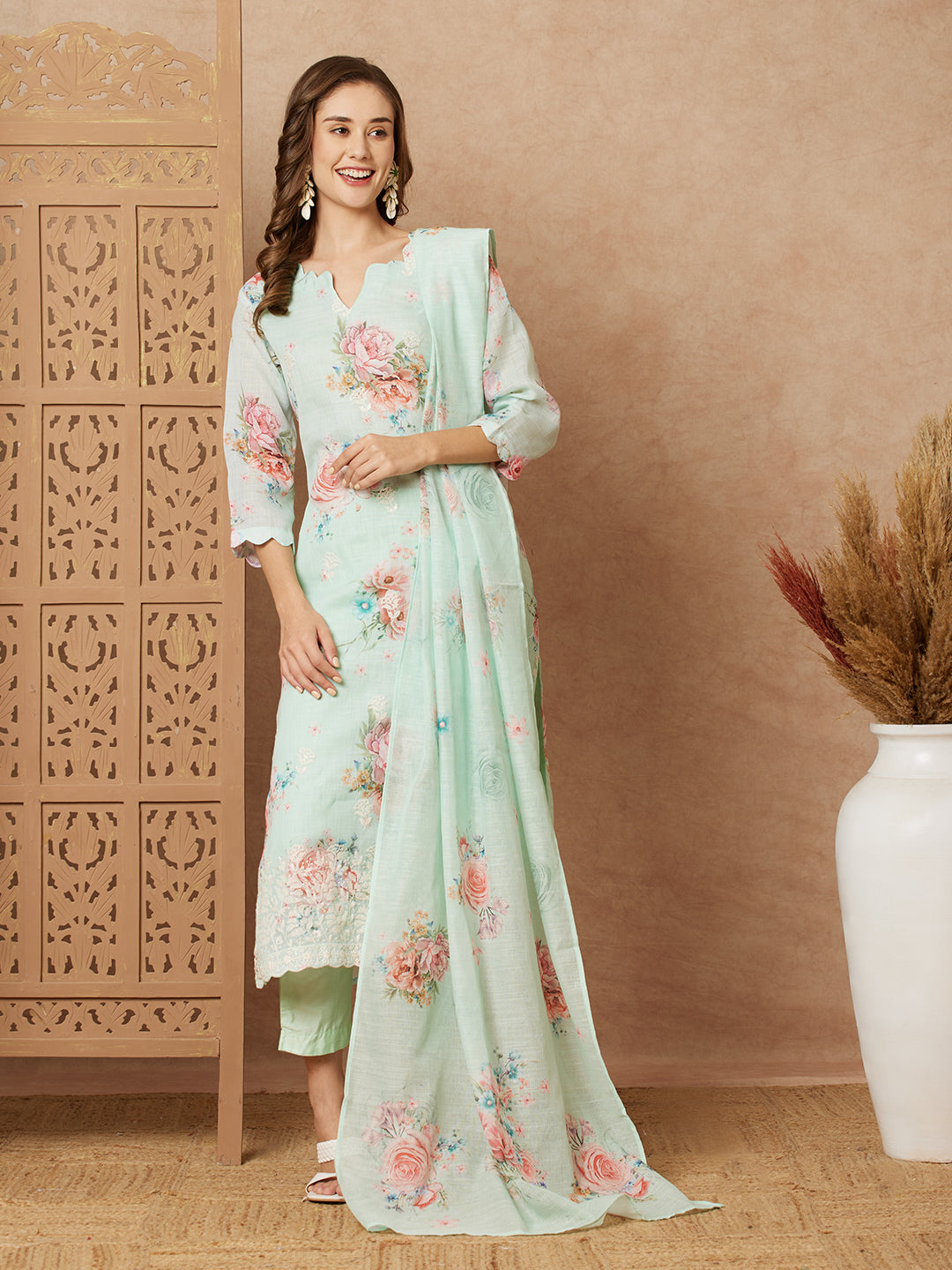 Floral & Printed & Hand Embroidered Kurta with Pant & Dupatta - Mint Green