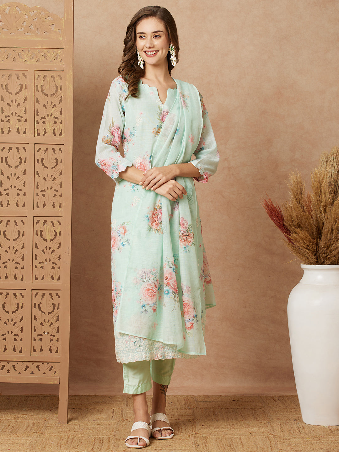 Floral & Printed & Hand Embroidered Kurta with Pant & Dupatta - Mint Green