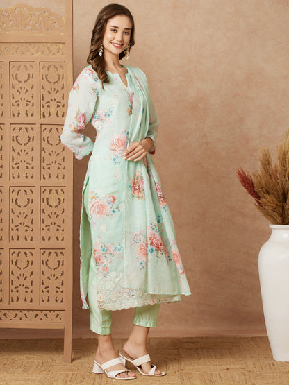 Floral & Printed & Hand Embroidered Kurta with Pant & Dupatta - Mint Green