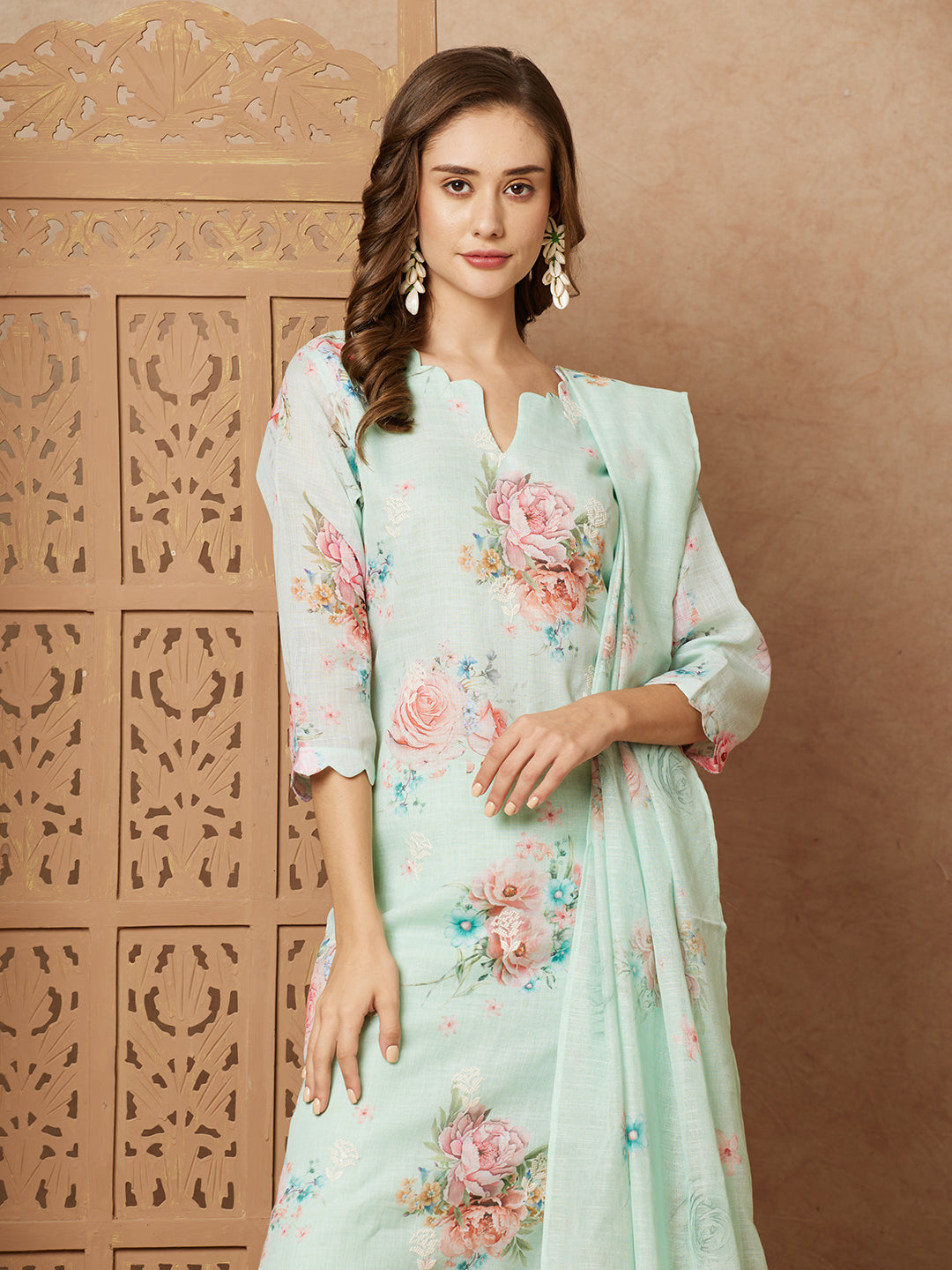 Floral & Printed & Hand Embroidered Kurta with Pant & Dupatta - Mint Green