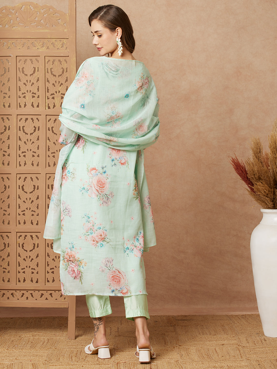 Floral & Printed & Hand Embroidered Kurta with Pant & Dupatta - Mint Green