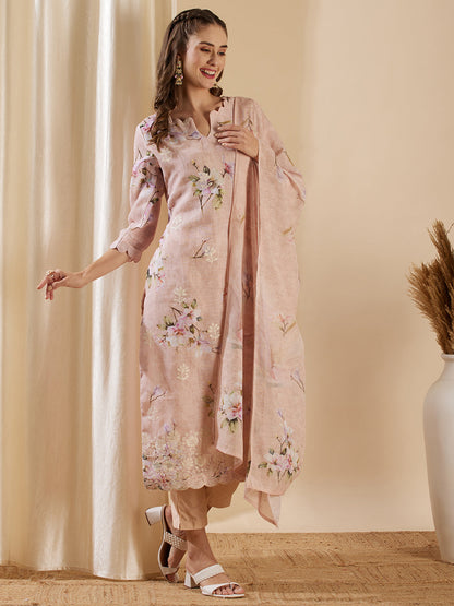 Floral Printed & Embroidered Straight Kurta with Pant & Dupatta - Pink