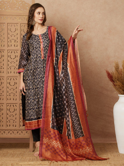 Ethnic Chevron Printed & Kantha Embroidered Straight Fit Kurta with Pant and Dupatta - Black