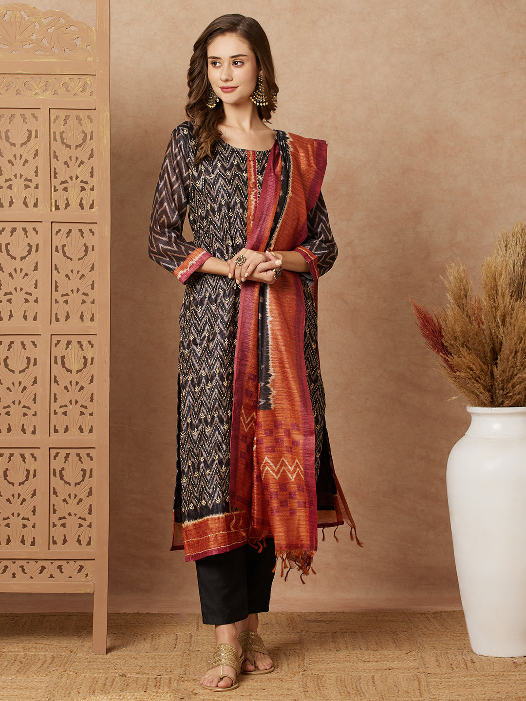 Ethnic Chevron Printed & Kantha Embroidered Straight Fit Kurta with Pant and Dupatta - Black